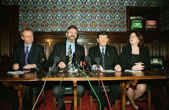 Left to Right: MARTIN McGUINNESS MP, Sinn Fein MP for Mid Ulster; GERRY ADAMS MP, Sinn Fein MP for Belfast West; PAT DOHERTY MP, Sinn Fein MP for West Tyrone and MICHELLE GILDERNEW MP, Sinn Fein MP for Fermanagh and South Tyrone Arriving at the House of Left to Right: MARTIN McGUINNESS MP, Sinn Fein MP for Mid Ulster; GERRY ADAMS MP, Sinn Fein MP for Belfast West; PAT DOHERTY MP, Sinn Fein MP for West Tyrone and MICHELLE GILDERNEW MP, Sinn Fein MP for Fermanagh and South Tyrone Arriving at the House of Commons to take over their parliamentary offices for the first time since their election in 1998 COMPULSORY CREDIT: UPPA Photoshot Photo UDW 018921 B-06a 21.01.2002, Credit: uppa.co.uk Avalon United Kingdom  Copyright: x xuppa.co.ukx xAvalonx 0503410670