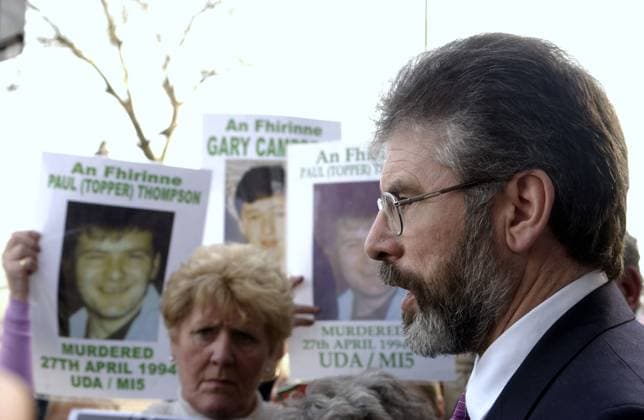 London - Sinn Fein Protest Sinn Fein leader Gerry Adams joins protesters in London campaigning for the truth about collusion between British State Agents and Unionist Death Squads in the killing of citizens., Credit:Photoshot Avalon United Kingdom  Copyright: xPhotoshotx xAvalonx 0503632422