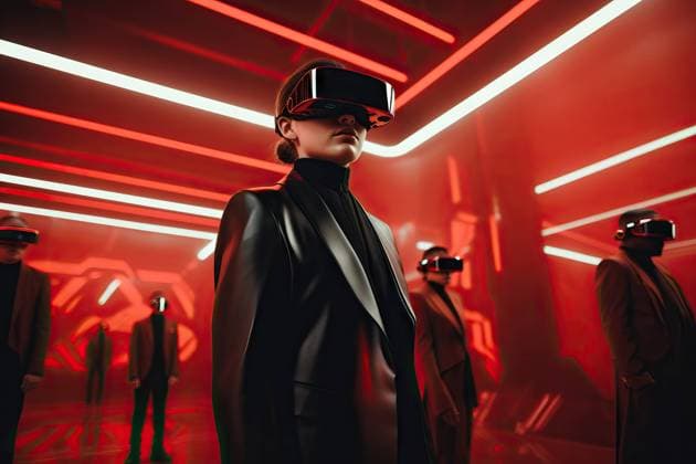 Generative AI illustration of fashionable people exploring virtual reality in modern headset inside a red futuristic room Model Released ManuelRuiz_ID16375_498389_012 Copyright: xManuelxRuizx RECORD DATE NOT STATED