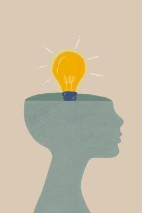Concept of mental health of human brain and bulb against gray wall Illustration of mental health concept of human silhouette comparing brain thinking to burning bulb for ideas and smart response against gray backdrop Model Released ZamaStudio_ID16018_487769_002 Copyright: xZamaxStudiox RECORD DATE NOT STATED