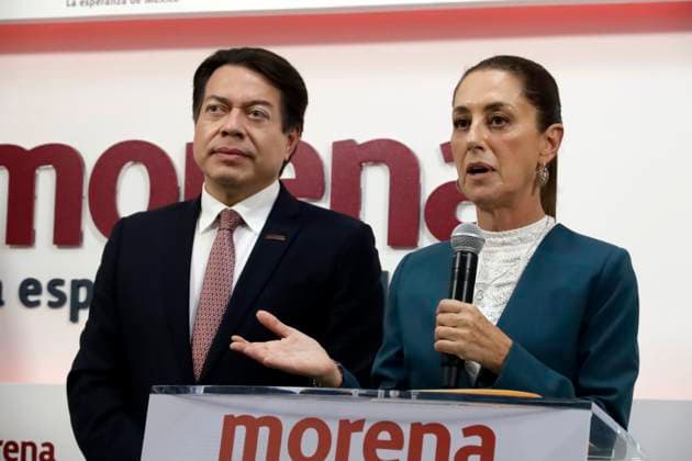 September 7, 2023, Mexico City, Mexico: The president of the National Regeneration Movement Party, Mario Delgado and Claudia Sheinbaum Pardo, his party s presidential candidate, at a press conference at the Movimiento de Regeneracion Nacional party headquarters in Mexico City. on September 7, 2023 in Mexico City, Mexico Mexico City Mexico - ZUMAe321 20230907_zia_e321_048 Copyright: xLuisxBarronx