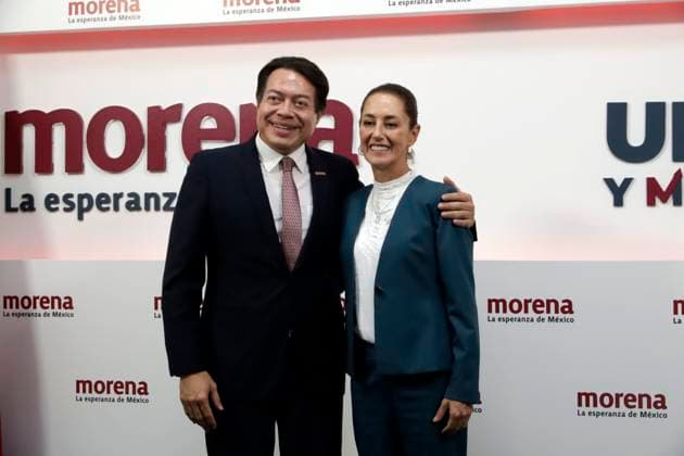 September 7, 2023, Mexico City, Mexico: The president of the National Regeneration Movement Party, Mario Delgado and Claudia Sheinbaum Pardo, his party s presidential candidate, at a press conference at the Movimiento de Regeneracion Nacional party headquarters in Mexico City. on September 7, 2023 in Mexico City, Mexico Mexico City Mexico - ZUMAe321 20230907_zia_e321_054 Copyright: xLuisxBarronx