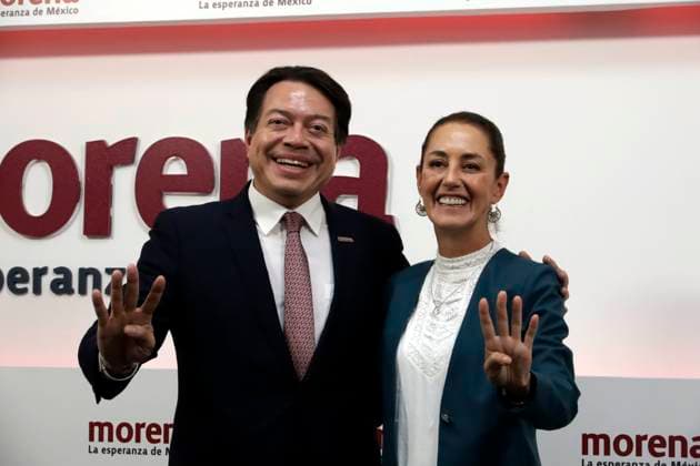 September 7, 2023, Mexico City, Mexico: The president of the National Regeneration Movement Party, Mario Delgado and Claudia Sheinbaum Pardo, his party s presidential candidate, at a press conference at the Movimiento de Regeneracion Nacional party headquarters in Mexico City. on September 7, 2023 in Mexico City, Mexico Mexico City Mexico - ZUMAe321 20230907_zia_e321_056 Copyright: xLuisxBarronx