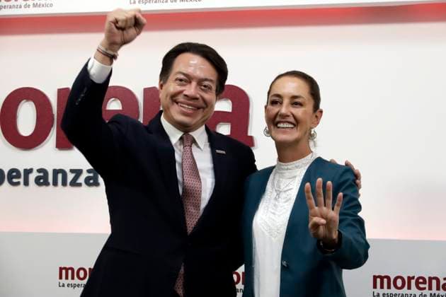 September 7, 2023, Mexico City, Mexico: The president of the National Regeneration Movement Party, Mario Delgado and Claudia Sheinbaum Pardo, his party s presidential candidate, at a press conference at the Movimiento de Regeneracion Nacional party headquarters in Mexico City. on September 7, 2023 in Mexico City, Mexico Mexico City Mexico - ZUMAe321 20230907_zia_e321_057 Copyright: xLuisxBarronx