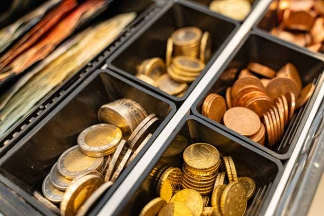 Bavaria, Germany - 2 September 2023: Cash in a cash register, euro and cent coins *** Bargeld in einer Kasse, Euro und Cent Münzen