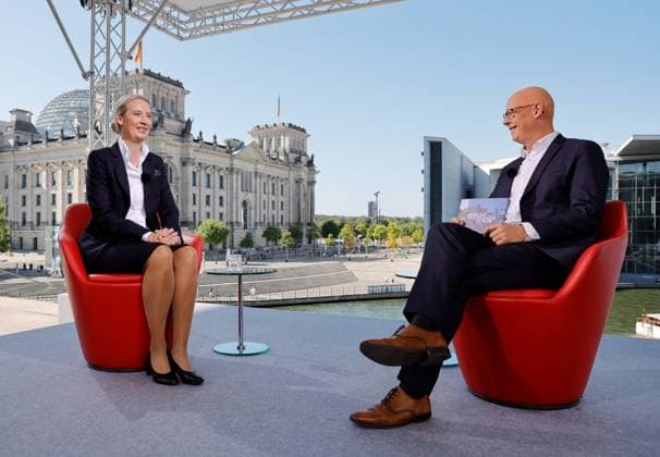 News Themen der Woche KW36 News Bilder des Tages Alice Weidel (AfD) , Moderator Matthias Deiß, Deutschland, Berlin, ARD-Sommerinterview mit Alice Weidel (AfD) am 10.09.2023 *** Alice Weidel AfD , Moderator Matthias Deiß, Germany, Berlin, ARD summer interview with Alice Weidel AfD on 10 09 2023