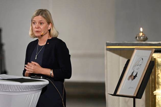 STOCKOHLM 20230911 Magdalena Andersson, leader of the Social Democrats, speaks at a memorial ceremony in Katarina Church 20 years after Anna Lindhs death At the ceremony, the Anna Lindh Prize will be awarded to Belarusian opposition leader and former presidential candidate Svetlana Tichanovskaya Stockholm Sweden x10080x  Copyright: xFredrikxSandberg TTx ANNA LIND-PRISET 2023 TTABB0000000000212989