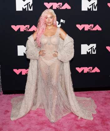 Karol G arrives on the red carpet at the 2023 MTV Video Music Awards VMA s at the Prudential Center in Newark, New Jersey, on Tuesday, September 12, 2023.  NYP20230912112 JOHNxANGELILLO