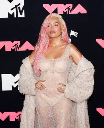 Karol G arrives on the red carpet at the 2023 MTV Video Music Awards VMA s at the Prudential Center in Newark, New Jersey, on Tuesday, September 12, 2023.  NYP20230912136 JOHNxANGELILLO