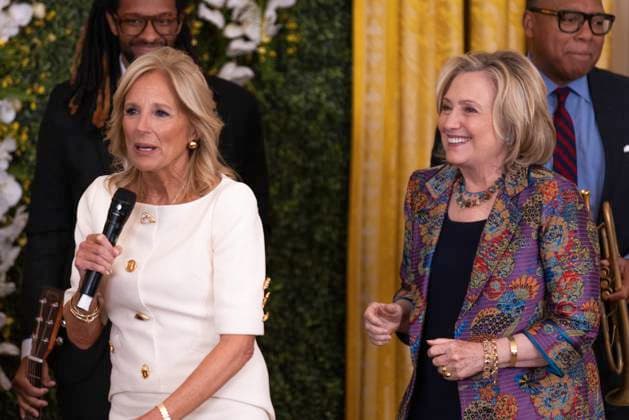 US First Lady Jill Biden and Former Secretary of State Hillary Clinton give remarks in the East Room of the White House in the conclusion of the 2023 Praemium Imperiale Laureate ceremony in Washington, DC on Tuesday, September 12, 2023. The Praemium Imperiale is a global arts prize awarded annually by the Japan Art Association for lifetime achievement in the arts. Copyright: xCNPx xMediaPunchx