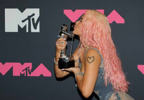 Karol G arrives in the press room at the 2023 MTV Video Music Awards VMA s at the Prudential Center in Newark, NJ on Tuesday, September 12, 2023.  NYP20230912826 JASONxSZENES