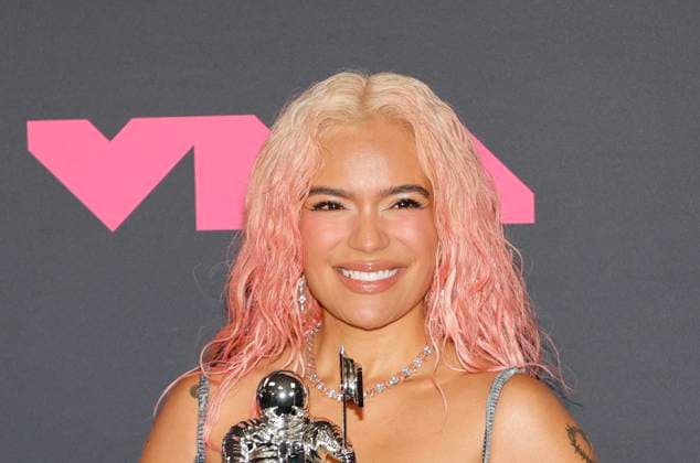 Karol G arrives in the press room at the 2023 MTV Video Music Awards VMA s at the Prudential Center in Newark, NJ on Tuesday, September 12, 2023.  NYP20230912827 JASONxSZENES