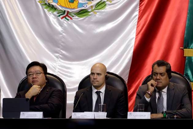Jaime Maussan presents public hearing on UFOs in the Chamber of Deputies of Mexico September 12, 2023, Mexico City, Mexico: Congressman of Japan, Yoshiharu Asakawa; the former retired US Air Force pilot, Ryan Graves and the federal representative, Sergio Gutierrez Luna, at the Mexico Public Hearing on Unidentified Anomalous Phenomena in the Chamber of Deputies in Mexico City. on September 12, 2023 in Mexico City, Mexico, Credit:Luis Barron Eyepix Group Avalon Mexico, Mexico City, Mexico City Copyright: xLuisxBarronx xEyepixxGroupx xAvalonx 0804897480