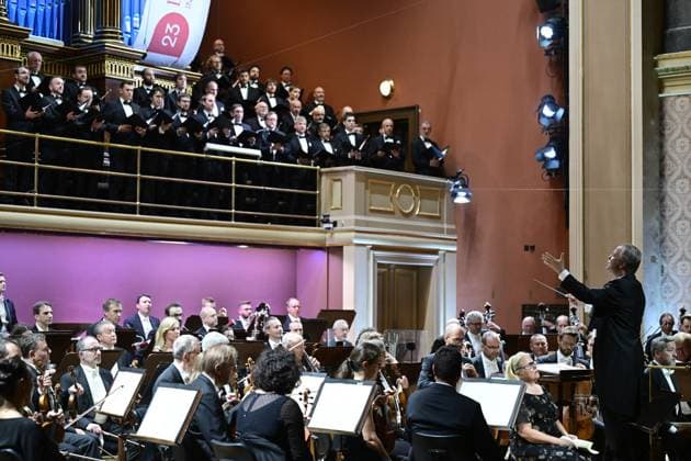 Finnish chief conductor of BBC Symphony Orchestra Sakari Oramo, right, performs during the Czech Philharmonic concert at the Dvorak s Prague international music festival in Prague, Czech Republic, September 13, 2023. (CTKxPhoto RomanxVondrous) CTKPhotoP2023091408331  CTKPhotoP2023091408331