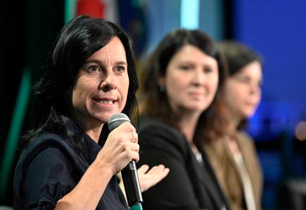 September 15, 2023, QUEBEC, PQ, Canada: Montreal mayor Valerie Plante speaks at a summit on unhoused people organized by the Quebec Union of Municipalities (UMQ), in Quebec City, Friday, Sept. 15, 2023. Gatineau mayor France Belisle, right, looks on. QUEBEC Canada  - ZUMAc35_ 20230915_zaf_c35_012 Copyright: xJacquesxBoissinotx