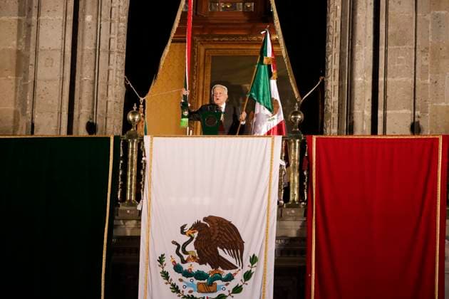 Andres Manuel Lopez Obrador, president of Mexico, gives the Cry of Independence September 15, 2023, Mexico City, Mexico: The president of Mexico, Andres Manuel Lopez Obrador, accompanied by his wife, Beatriz Gutierrez, presides over the ceremony of the Cry of Independence of Mexico, on the 213th anniversary of the beginning of the independence struggle, in the Zocalo in Mexico City. on September 15, 2023 in Mexico City, Mexico (Photo by Luis Barron Eyepix Group). Copyright: xLuisxBarronx xEyepixxGroupx LB_20230915_AMLO5