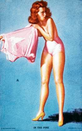 Sexy Topless Woman Putting on Pink Shirt, In the Pink Mutoscope Card, 1940 s  Copyright: xABxArchivex jtv002015