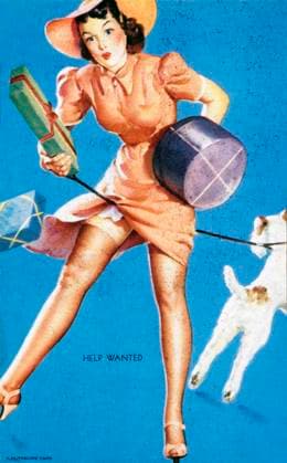 Sexy Woman Tangled in Dog Leash While Holding Gift Boxes, Help Wanted , Mutoscope Card, 1940 s  Copyright: xABxArchivex jtv002023