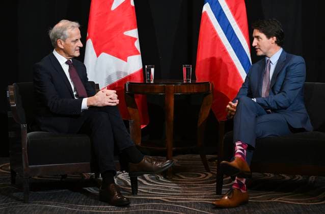 September 16, 2023, Montreal, PQ, Canada: Prime Minister Justin Trudeau, right, takes part in a bilateral meeting with Prime Minister of Norway Jonas Gahr Store at the Global Progress Action Summit in Montreal, Saturday, September 16, 2023. Montreal Canada  - ZUMAc35_ 20230916_zaf_c35_049 Copyright: xGrahamxHughesx
