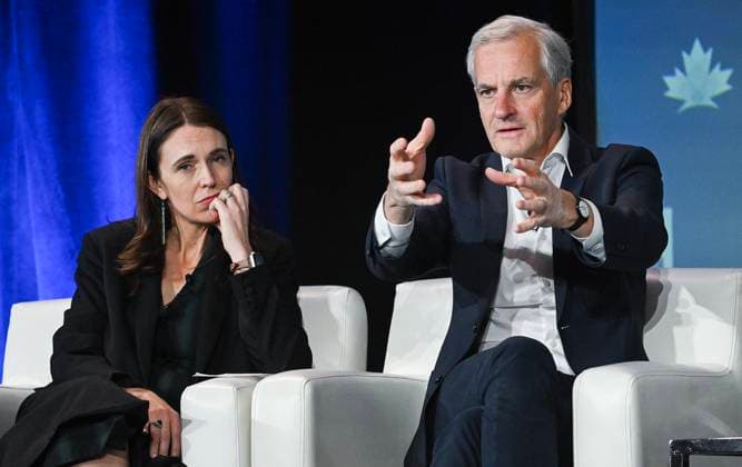 September 16, 2023, Montreal, PQ, Canada: Former Prime Minister of New Zealand Jacinda Ardern and Prime Minister of Norway Jonas Gahr Store take part in a leaders panel discussion at the Global Progress Action Summit in Montreal, Saturday, September 16, 2023. Montreal Canada  - ZUMAc35_ 20230916_zaf_c35_092 Copyright: xGrahamxHughesx