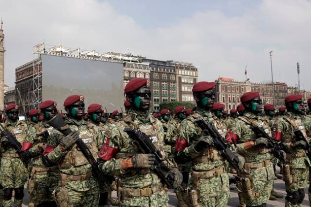 September 16, 2023, Mexico City, Mexico: Armed and public security forces participate in the military parade for the 213th anniversary of national independence in the Zocalo in Mexico City. on September 16, 2023 in Mexico City, Mexico Mexico City Mexico - ZUMAe321 20230916_zia_e321_078 Copyright: xLuisxBarronx