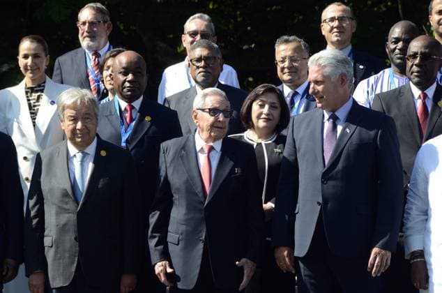 (230917) -- HAVANA, Sept. 17, 2023 -- UN Secretary-General Antonio Guterres, Cuban revolutionary leader Raul Castro and Cuban President Miguel Diaz-Canel (L-R, front) pose for a group photo at the Summit of the Group of 77 (G77) and China in Havana, Cuba, Sept. 15, 2023. (Photo by Xinhua) Xinhua Headlines: G77+China summit concludes with emphasis on empowering Global South JoaquinxHernandez 