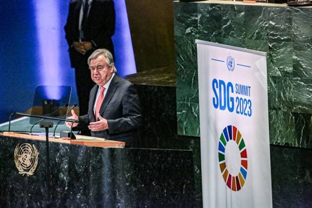 News Themen der Woche KW38 News Bilder des Tages September 18, 2023, New York, New York, USA: Secretary-General, ANTONIO GUTERRES, speaks at the High-level Political Forum on Sustainable Development under the auspices of the General Assembly (SDG Summit) the day before the kick off to the 2023 annual UNGA gathering in which speakers and politicians from around the world will discuss and address current and critical issues today. New York USA - ZUMAo116 20230918_znp_o116_051 Copyright: xBiancaxOterox