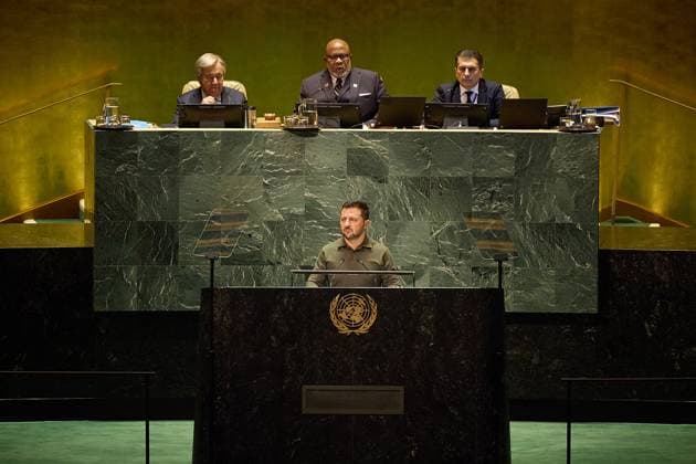 September 19, 2023, New York, New York, USA: President of Ukraine VOLODYMYR ZELENSKY delivers a speech at the 78th session of the United Nations General Assembly at the UN Headquarters. New York USA  - ZUMA 20230919_new_z03_036 Copyright: xUkrainexPresidencyx