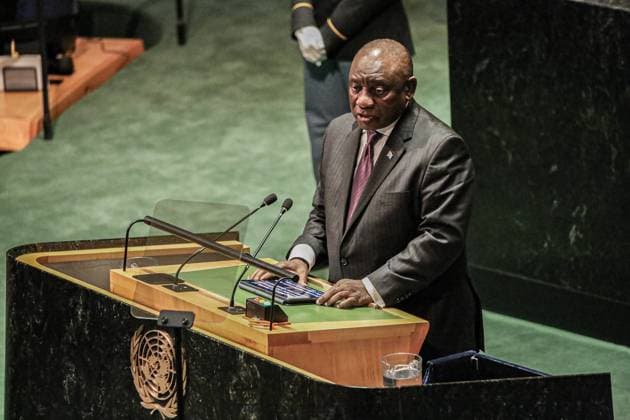 September 19, 2023, New York, New York, USA: MATAMELA CYRIL RAMAPHOSA, President of South Africa speaks in front of the audience at the 2023 UN General Assembly themed Rebuilding trust and reigniting global solidarity: Accelerating action on the 2030 Agenda and its Sustainable Development Goals towards peace, prosperity, progress and sustainability for allÃ¢â‚¬Â in the UN HQ, NYC. New York USA - ZUMAo116 20230919_znp_o116_151 Copyright: xBiancaxOterox