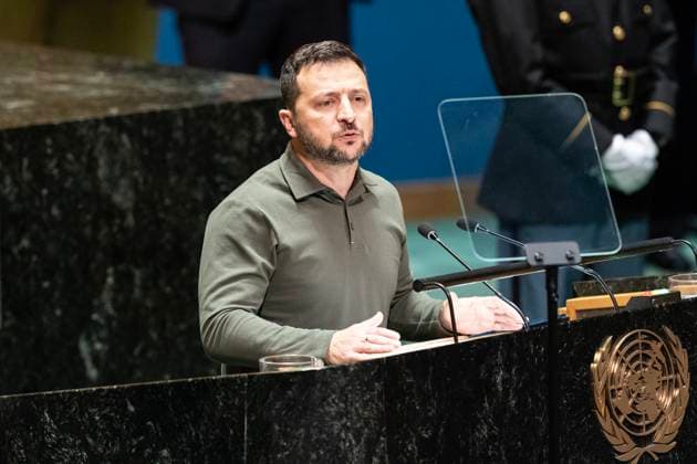 General Debate of the 78th Session of the General Assembly of UN President of Ukraine Volodymyr Zelenskyy speaks during general debate of the 78th Session of the General Assembly of United Nations at Headquarters in New York New York New York United States Copyright: LevxRadin