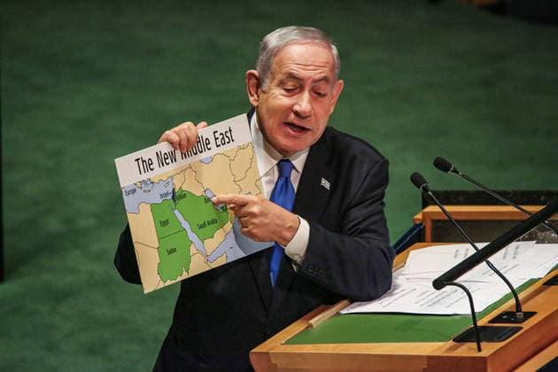 New York, UNO Generalversammlung - Benjamin Netanjahu Rede September 22, 2023, New York, New York, USA: Prime Minister of Israel, BENJAMIN NETANYAHU speaks at the 2023 UN General Assembly themed Rebuilding trust and reigniting global solidarity,.President NETANYAHU expressed that Israel is close to making Ã¢â‚¬oehistoric peace with Saudi ArabiaÃ¢â‚¬Â as accepting Israel as a Jewish State, and would truly Ã¢â‚¬oecreate a New Middle East. New York USA - ZUMAo116 20230922_znp_o116_028 Copyright: xBiancaxOterox