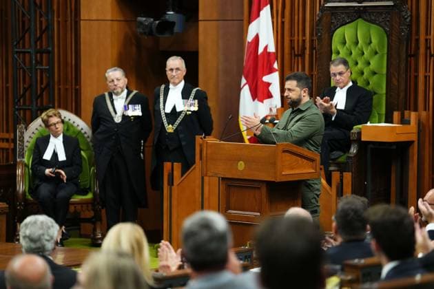 September 22, 2023, Ottawa, ON, Canada: Ukrainian President Volodymyr Zelenskyy delivers a speech in the House of Commons in Ottawa on Friday, Sept. 22, 2023. Ottawa Canada  - ZUMAc35_ 20230922_zaf_c35_088 Copyright: xSeanxKilpatrickx