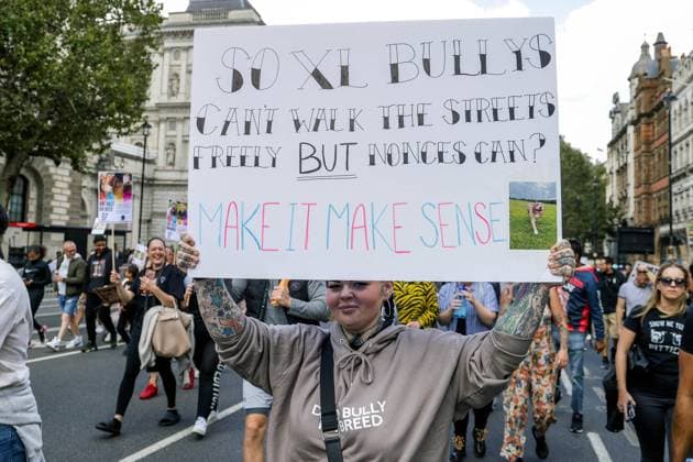 . 23 09 2023. London, United Kingdom. XL Bully Dog Legislation Protest. Owners of XL Bully dogs march in Whitehall protesting about proposed legislation against the dogs following a spate of people being killed by the animals.  xMartynxWheatleyx xi-Imagesx IIM-24694-0009