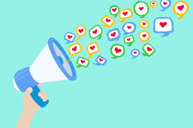 Illustration of hand holding megaphone spewing heart shaped social media icons, MSMF00075