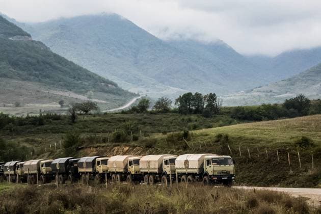 AZERBAIJAN, SHUSHA DISTRICT - SEPTEMBER 25, 2023: A column of vehicles is seen in the Lachin Corridor. Sergei Savostyanov TASS  62632236