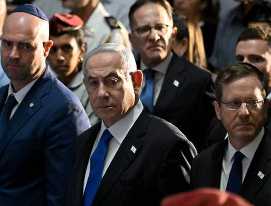 (C) Israeli Prime Minister Benjamin Netanyahu attends the state memorial ceremony marking the 50th anniversary of the Yom Kippur War in the Hall of Remembrance at the Mt. Herzl Military Cemetery in Jerusalem, on Tuesday, September 26, 2023.  JER2023092602 DEBBIExHILL