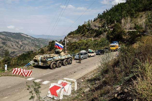 AZERBAIJAN, LACHIN DISTRICT - SEPTEMBER 26, 2023: A BTR-82A armoured personnel carrier of the Russian peacekeeping force is seen near the Lachin checkpoint in the Lachin corridor. Sergei Savostyanov TASS  62665358