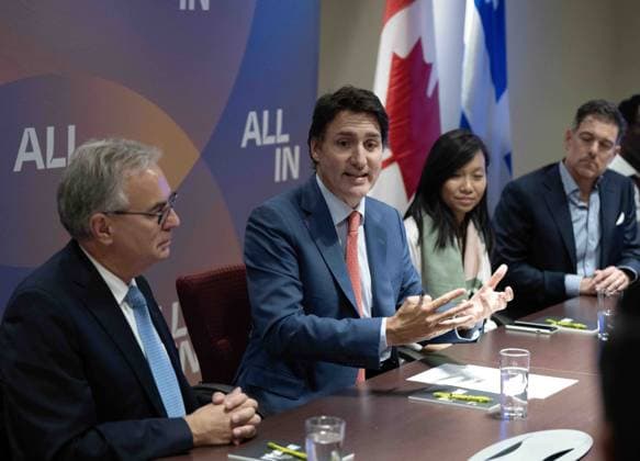 September 28, 2023, Montreal, PQ, Canada: Prime Minister Justin Trudeau speaks with AI innovators at the All In artificial intelligence conference Thursday, September 28, 2023 in Montreal. Montreal Canada  - ZUMAc35_ 20230928_zaf_c35_043 Copyright: xRyanxRemiorzx