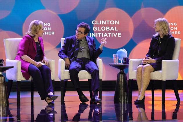 September 19, 2023, NY, USA: New York Hilton Midtown, New York, USA, September 19, 2023 - (L-R) Former US Secretary of State Hillary Clinton, Michael J. Fox, and Deborah Brooks speak onstage during the Clinton Global Initiative September 2023 Meeting at New York Hilton Midtown today in New York City. Photo: Giada Papini Rampelotto EuropaNewswire USA - ZUMAra1_ 20230919_aap_ra1_166 Copyright: xLuizxRampelottox