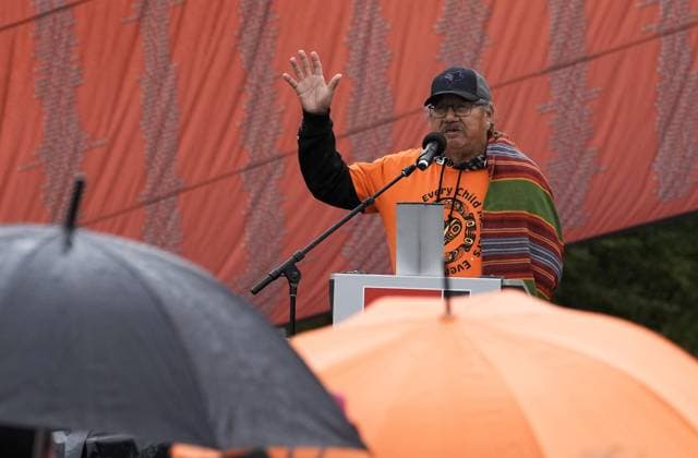 September 30, 2023, Calgary, AB, CANADA: Peter Weasel Moccasin a residential school survivor tells his story during the Truth and Reconciliation Day ceremonies in Calgary on Saturday, September 30, 2023. Calgary CANADA  - ZUMAc35_ 20230930_zaf_c35_019 Copyright: xToddxKorolx