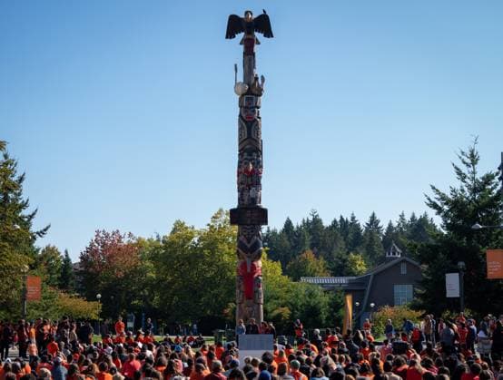 September 30, 2023, VANCOUVER, BC, CANADA: People gather at the Reconciliation Pole at the University of British Columbia to listen to residential school survivors stories during National Day for Truth and Reconciliation in Vancouver, B.C., Saturday, Sept. 30, 2023. VANCOUVER CANADA  - ZUMAc35_ 20230930_zaf_c35_150 Copyright: xEthanxCairnsx