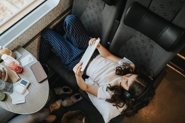 Creative Highlights Symbolbilder Directly above shot of girl using tablet PC while lying on seat in train Sweden, Gothenburg, model released Copyright: xMaskotx , MA104067 MA104067