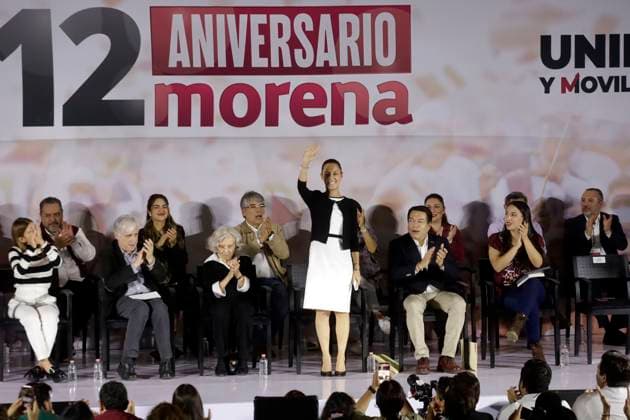 Claudia Sheinbaum Pardo, presidential candidate, celebrates the 12 years of her party October 2, 2023, Mexico City, Mexico: The president of the National Regeneration Movement party, Mario Delgado; the presidential candidate, Claudia Sheinbaum and the writer Elena Poniatowska, at the event of the 12th anniversary of the founding of the political party before militants and legislators at the Interactive Museum of Economy in Mexico City. on October 2, 2023 in Mexico City, Mexico (Photo by Luis Barron Eyepix Group). Copyright: xLuisxBarronx xEyepixxGroupx LB_20231002_A_MORENA2