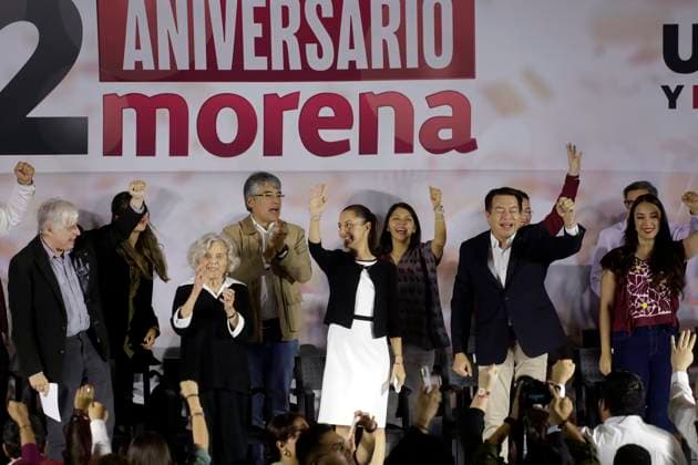 Claudia Sheinbaum Pardo, presidential candidate, celebrates the 12 years of her party October 2, 2023, Mexico City, Mexico: The president of the National Regeneration Movement party, Mario Delgado; the presidential candidate, Claudia Sheinbaum and the writer Elena Poniatowska, at the event of the 12th anniversary of the founding of the political party before militants and legislators at the Interactive Museum of Economy in Mexico City. on October 2, 2023 in Mexico City, Mexico (Photo by Luis Barron Eyepix Group). Copyright: xLuisxBarronx xEyepixxGroupx LB_20231002_MORENA4