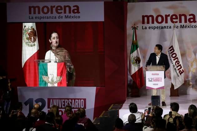 Claudia Sheinbaum Pardo, presidential candidate, celebrates the 12 years of her party October 2, 2023, Mexico City, Mexico: The president of the National Regeneration Movement party, Mario Delgado at the event of the 12th anniversary of the founding of his political party before militants and legislators at the Interactive Museum of Economy in Mexico City. on October 2, 2023 in Mexico City, Mexico (Photo by Luis Barron Eyepix Group). Copyright: xLuisxBarronx xEyepixxGroupx LB_20231002_MORENA10