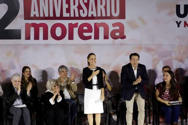 October 2, 2023, Mexico City, Mexico: The president of the National Regeneration Movement party, Mario Delgado; the presidential candidate, Claudia Sheinbaum and the writer Elena Poniatowska, at the event of the 12th anniversary of the founding of the political party before militants and legislators at the Interactive Museum of Economy in Mexico City. on October 2, 2023 in Mexico City, Mexico Mexico City Mexico - ZUMAe321 20231002_zia_e321_004 Copyright: xLuisxBarronx