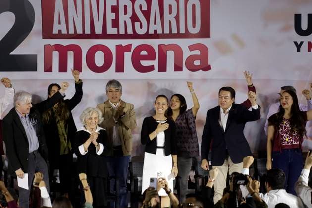 October 2, 2023, Mexico City, Mexico: The president of the National Regeneration Movement party, Mario Delgado; the presidential candidate, Claudia Sheinbaum and the writer Elena Poniatowska, at the event of the 12th anniversary of the founding of the political party before militants and legislators at the Interactive Museum of Economy in Mexico City. on October 2, 2023 in Mexico City, Mexico Mexico City Mexico - ZUMAe321 20231002_zia_e321_006 Copyright: xLuisxBarronx