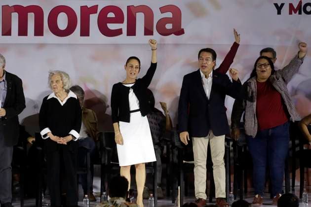 October 2, 2023, Mexico City, Mexico: The president of the National Regeneration Movement party, Mario Delgado; the presidential candidate, Claudia Sheinbaum and the writer Elena Poniatowska, at the event of the 12th anniversary of the founding of the political party before militants and legislators at the Interactive Museum of Economy in Mexico City. on October 2, 2023 in Mexico City, Mexico Mexico City Mexico - ZUMAe321 20231002_zia_e321_009 Copyright: xLuisxBarronx