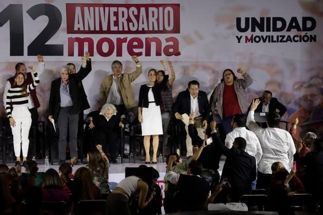 October 2, 2023, Mexico City, Mexico: The president of the National Regeneration Movement party, Mario Delgado; the presidential candidate, Claudia Sheinbaum and the writer Elena Poniatowska, at the event of the 12th anniversary of the founding of the political party before militants and legislators at the Interactive Museum of Economy in Mexico City. on October 2, 2023 in Mexico City, Mexico Mexico City Mexico - ZUMAe321 20231002_zia_e321_008 Copyright: xLuisxBarronx