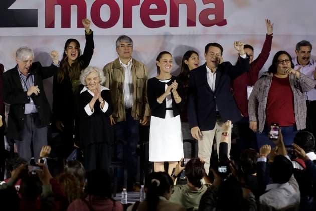 October 2, 2023, Mexico City, Mexico: The president of the National Regeneration Movement party, Mario Delgado; the presidential candidate, Claudia Sheinbaum and the writer Elena Poniatowska, at the event of the 12th anniversary of the founding of the political party before militants and legislators at the Interactive Museum of Economy in Mexico City. on October 2, 2023 in Mexico City, Mexico Mexico City Mexico - ZUMAe321 20231002_zia_e321_017 Copyright: xLuisxBarronx